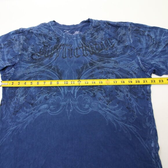Affliction T-Shirt Large Blue Fleur De Lis READ Distressed Tiny Holes Y2K - Picture 13 of 15
